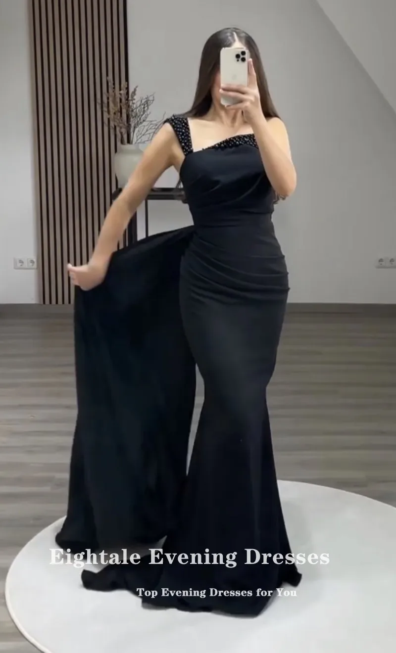 Eightale Elegant Evening Dress for Wedding Party One Shoulder Beaded Black Mermaid Arabic Prom Gowns Long Formal Celebrity Dress