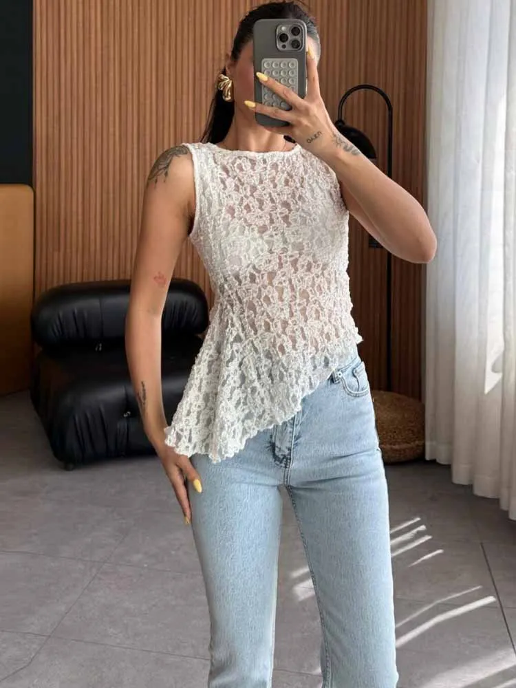 

BKQU нерегулярные кружевные прозрачные топы женские сексуальные вязаные крючком тонкие топы без рукавов с круглым вырезом 2025 летняя повседневная одежда