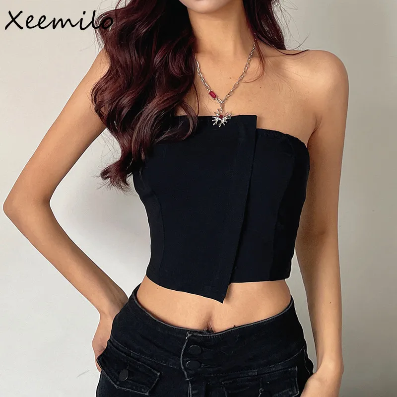 

Xeemilo Sexy Asymmetric Zipper Tank Tops Black Strapless Backless Crop Top Gothic Punk Summer Off Shoulder Camisole Streetwear