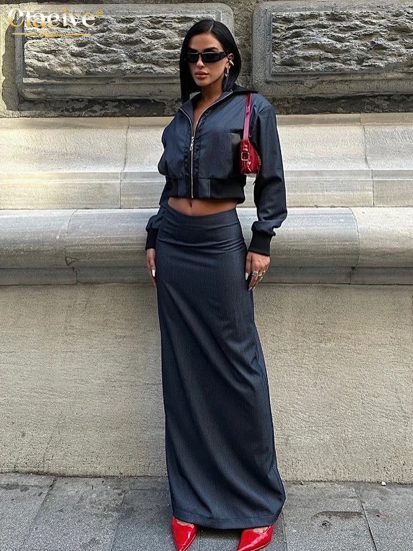 Clacive Fashion Loose Black 2 Piece Sets Women Outfit 2025 Elegant Long Sleeve Crop Top With Mid Waist Long Skirt Set Streetwear