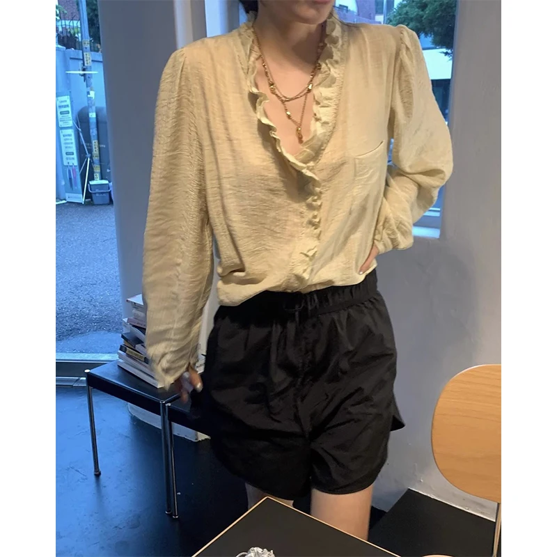 

Retro Dongda Gate 26 Autumn Double Layer Wooden V-neck Texture Long Sleeve Women's Shirt Skin-friendly Breathable Pure C...