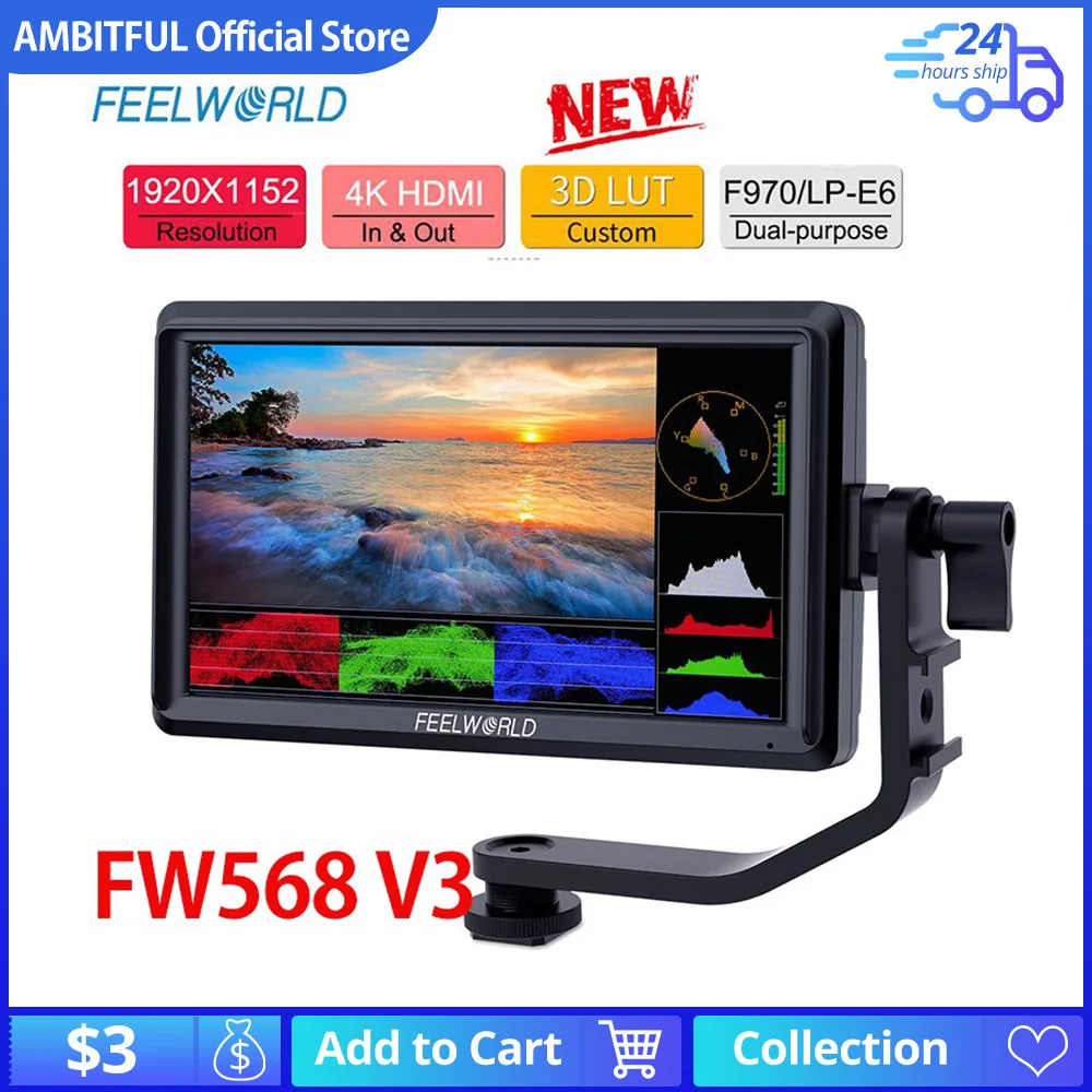 

FEELWORLD FW568 V3 6 Inch 3D LUT DSLR Camera Field Monitor IPS Full HD1920X1080 Support HDMI Output With Tilt Arm for Gimbal Rig