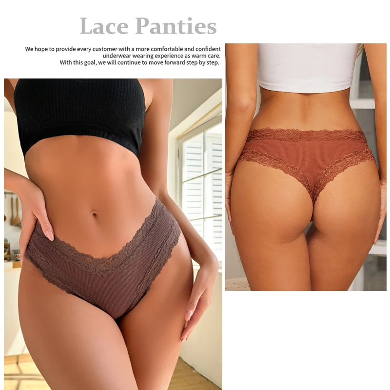 5PCS/Set Sexy Lace Seamless Cotton Panties for Women Low Rise Brazilian Pants Breathable Girls Underwear Soft Plus Size Lingerie