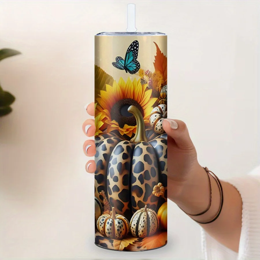 1pc Stainless Steel Tumbler with Straw and Lid, 20oz 3D Leopard Print Pumpkin/Sunflower Design, Large Capacity Insulated Travel Mug for Thanksgiving, Autumn Gift Cup for Party Decor