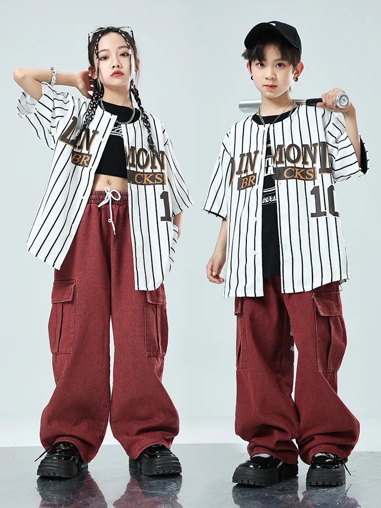 男の子女の子ヒップホップコスチュームセット子供ストリートウェアストライプ半袖野球シャツジーンズパンツスーツキッズステージショー服