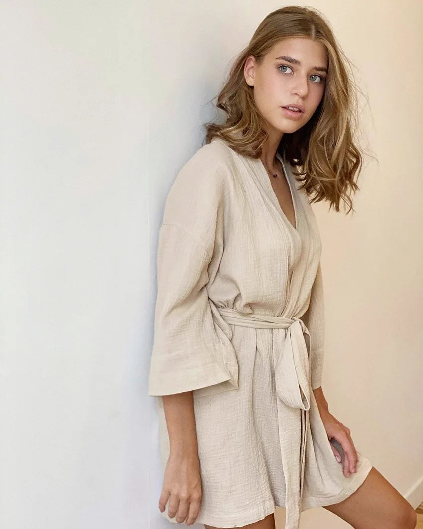 Mozuleva Cotton Short Nightgown Autumn Women's New Solid Color Short Sleeved Pajamas Loose Bathrobe Casual Female Nightgown