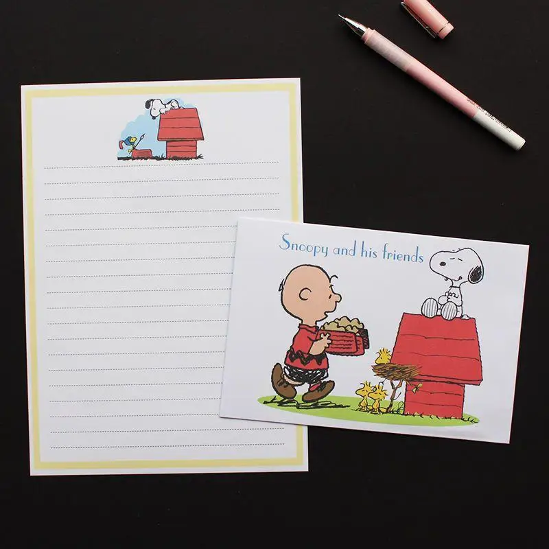 New Kawaii Miniso Snoopy Anime Cartoon Envelope Letterhead Set Fresh Cute Letterhead Writing Paper Holiday Greeting Cards Gift