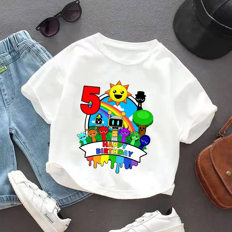 Sprunki T-shirt Boys Girl Summer Cotton Pullover Birthday Number 1-9 Tops Cute Anime Printed Child Clothing Casual Clothes Gift