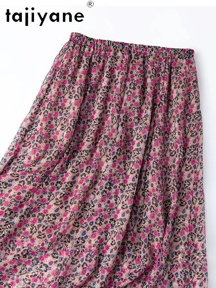 TAJIYANE 100% Real Mulberry Silk Women's Skirts Retro Pink Floral Long Skirt Summer Flowy Beach Skirts Woman Clothes 2026 юбка
