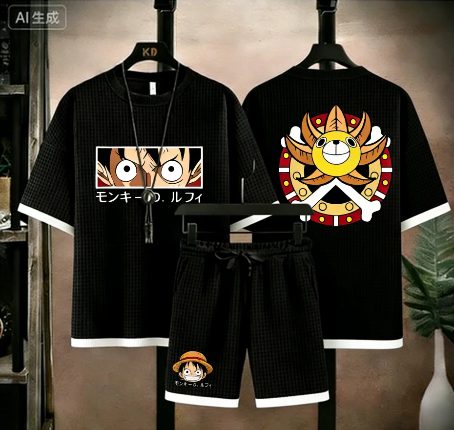 

Мужской комплект из двух предметов: футболка из вафельного трикотажа и шорты с принтом пиратской команды и соломенной шляпой, в стиле аниме/манга, уличный спортивный костюм