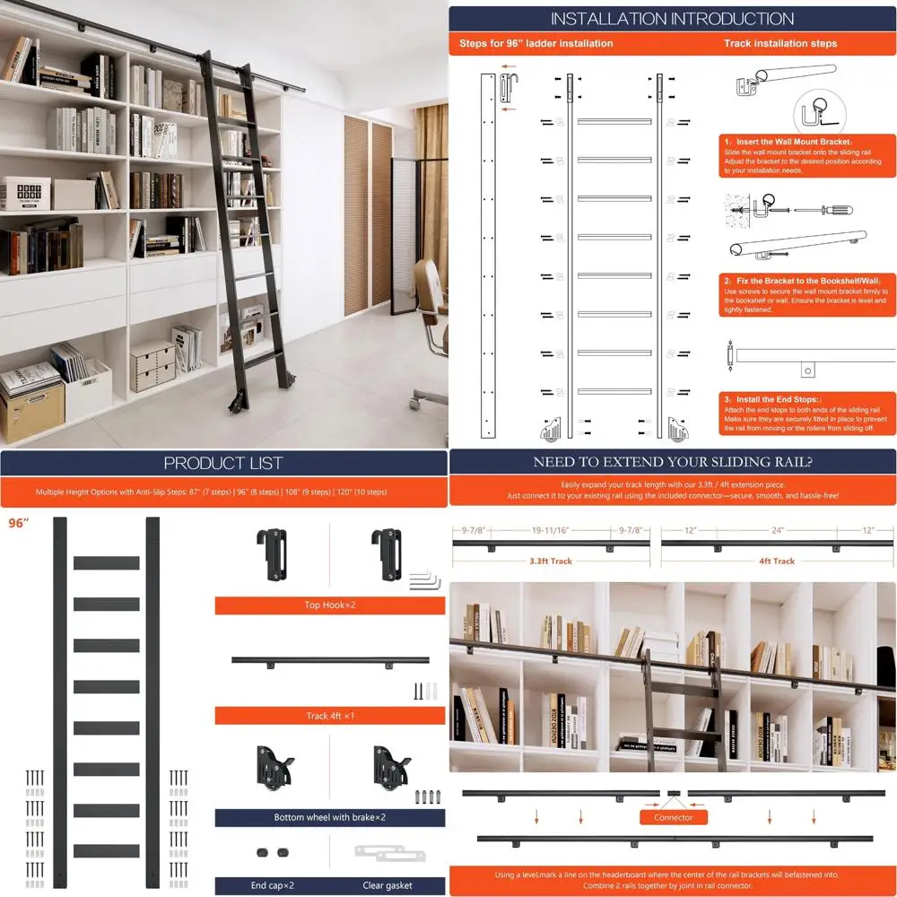 96 Black Sliding Library Ladder with 4FT Telescopic Hook Track – Lightweight Aluminum Rolling Ladder with Braking Wheels, Kit fo