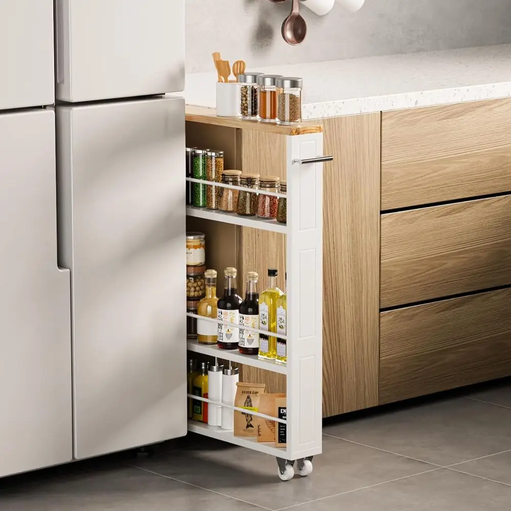 

4 Tier White Slim Storage Cart with Handle, Slide Out Storage Rolling Utility Cart or Kitchen, Laundry, Narrow Places