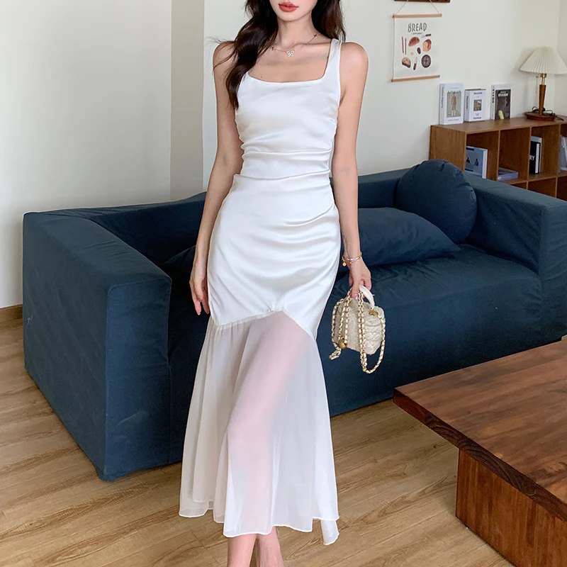 U ネックステインドレス U ネックノースリーブベストドレス夏の女性スパゲッティストラップフィッシュテールマーメイドドレスクラブパーティーボディコンメッシュドレス