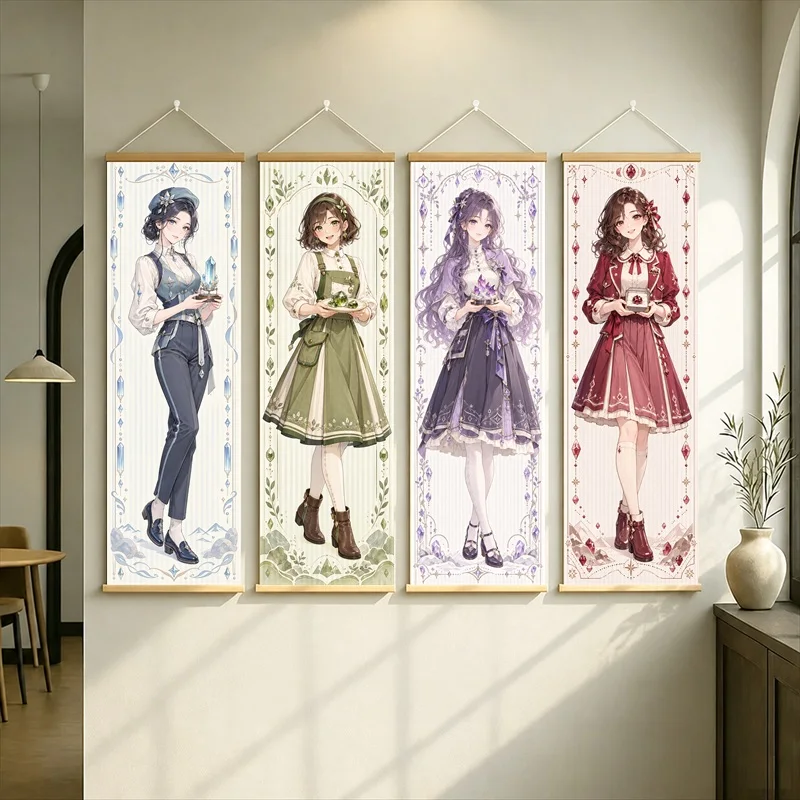 Anime Women in a Navy Suit and Green, Purple and Red Dresses Hanging Scroll with Elegant Floral Borders for a Bedroom