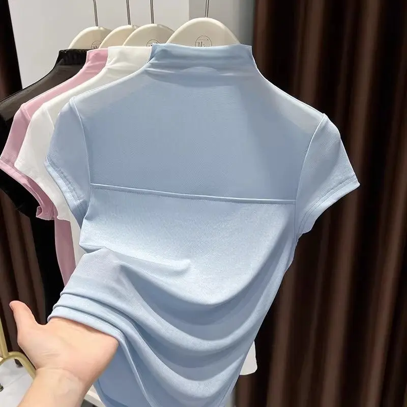

Summer New Style Women's Base Layer T-shirt Mesh Splice Half High Collar Short Sleeve Slim Fit Inner Wear Top Breathable Skin...