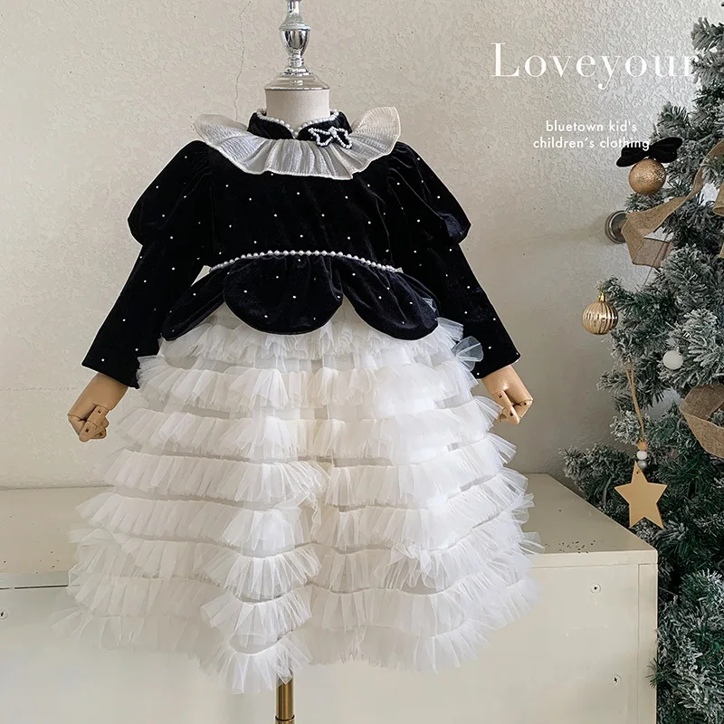 

Girls Princess Dress Autumn Clothes2025New Style Children's Mesh Puff Sleeve Dress Girl's French Velvet Dress