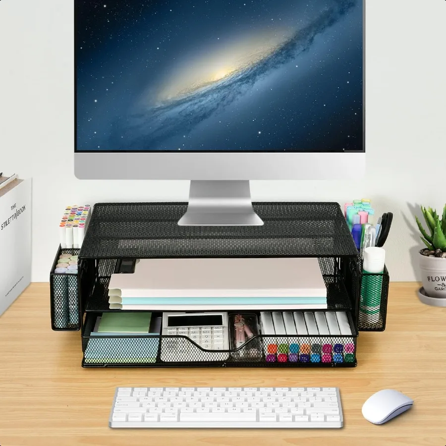 حامل شاشة كمبيوتر من طبقتين من AUPSEN مع درج وحامل قلم رصاص وحامل شاشة معدني ومنظم مكتب الكمبيوتر