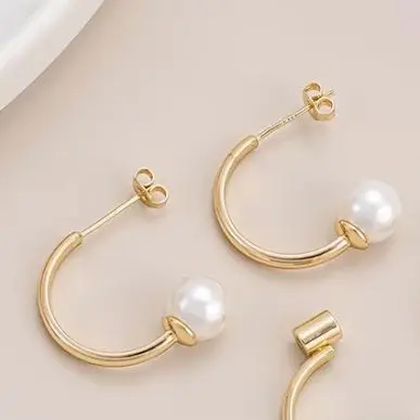 

925 Silver C-Shaped Ear Needles 14K Gold-Plated Half-Hole Bead Stud Earrings with Sticky Pearl DIY Earring Accessories