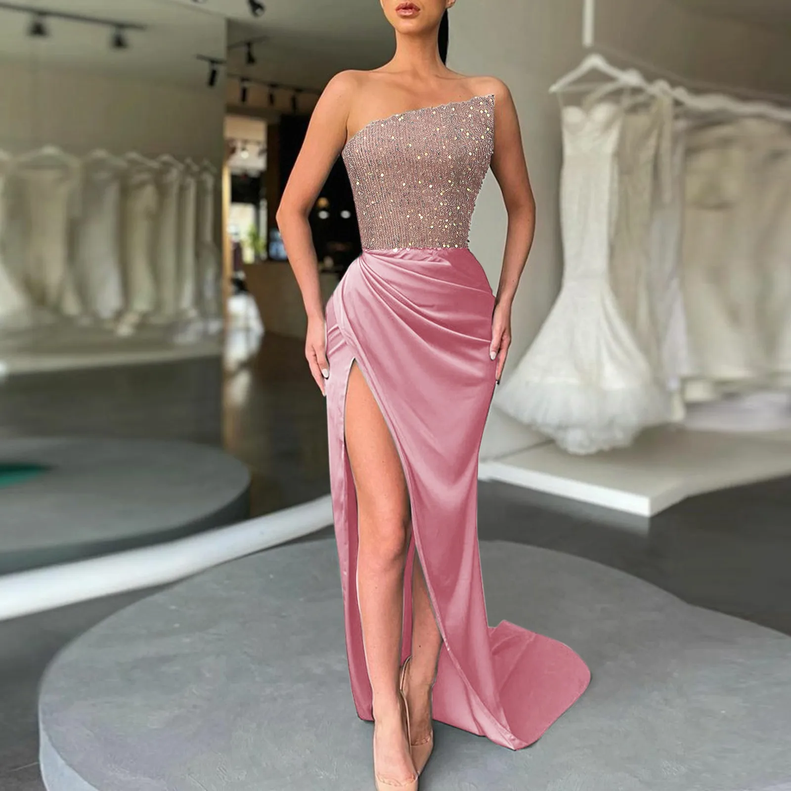 

2024 Fashion Sequin Temperament Long Evening Gown Oblique Shoulder Neck Fanny Pack Hip Sleeveless Sexy Dress Fairy Elegant Dress