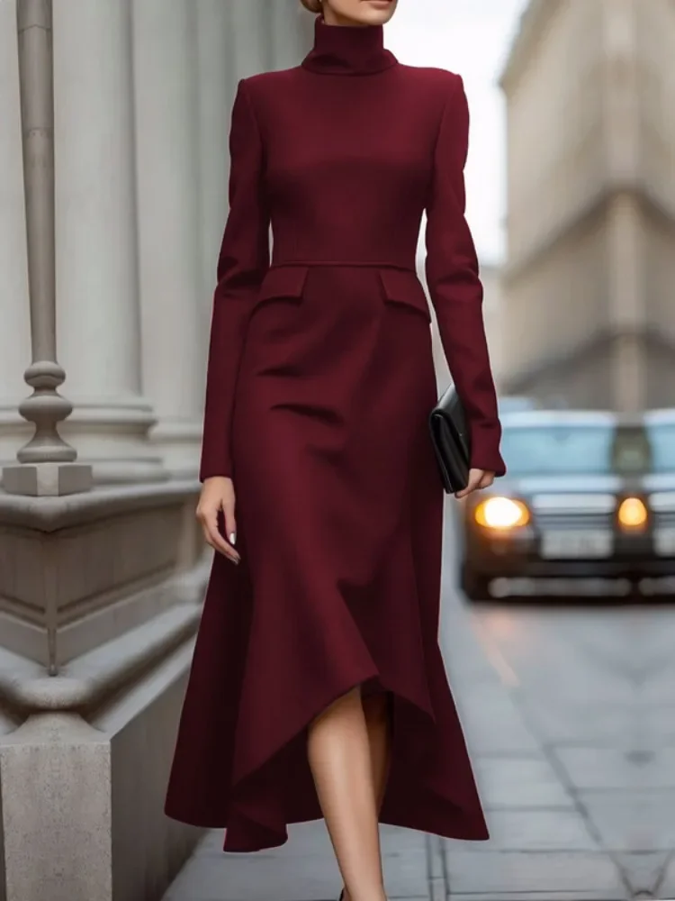 UOOZEE 2025 New Women Minimalist Solid Color High Neck A-line Dress Spring Autumn Long Sleeve Elegant Evening Party Midi Dresses