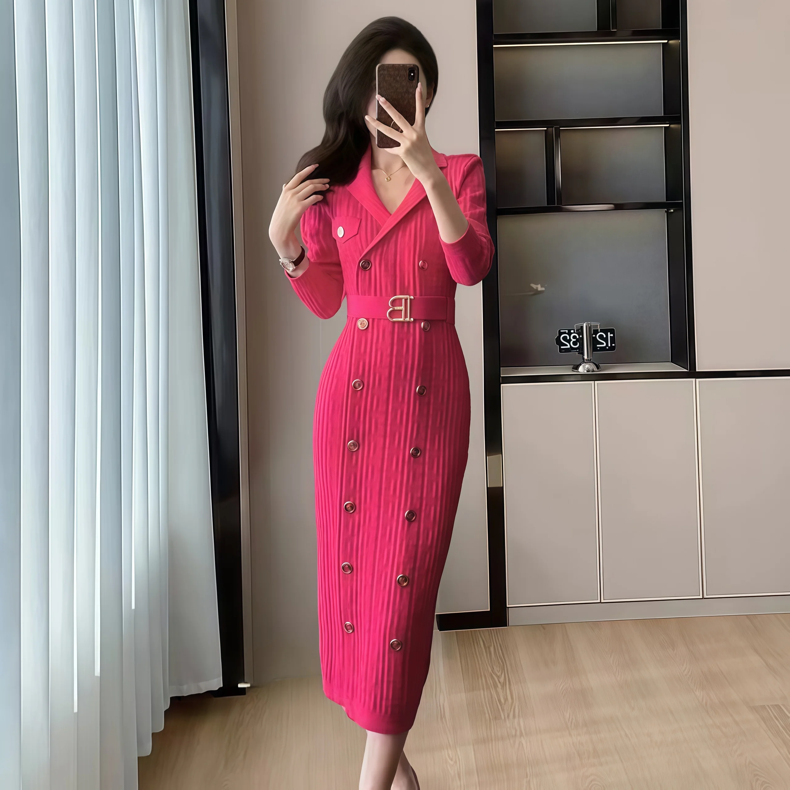 2024 Spring New French Elegant  Knitted Midi Dress Women Fashion Lapel Long Sleeve Belt TwoBreasted Stretch Party Dress Female