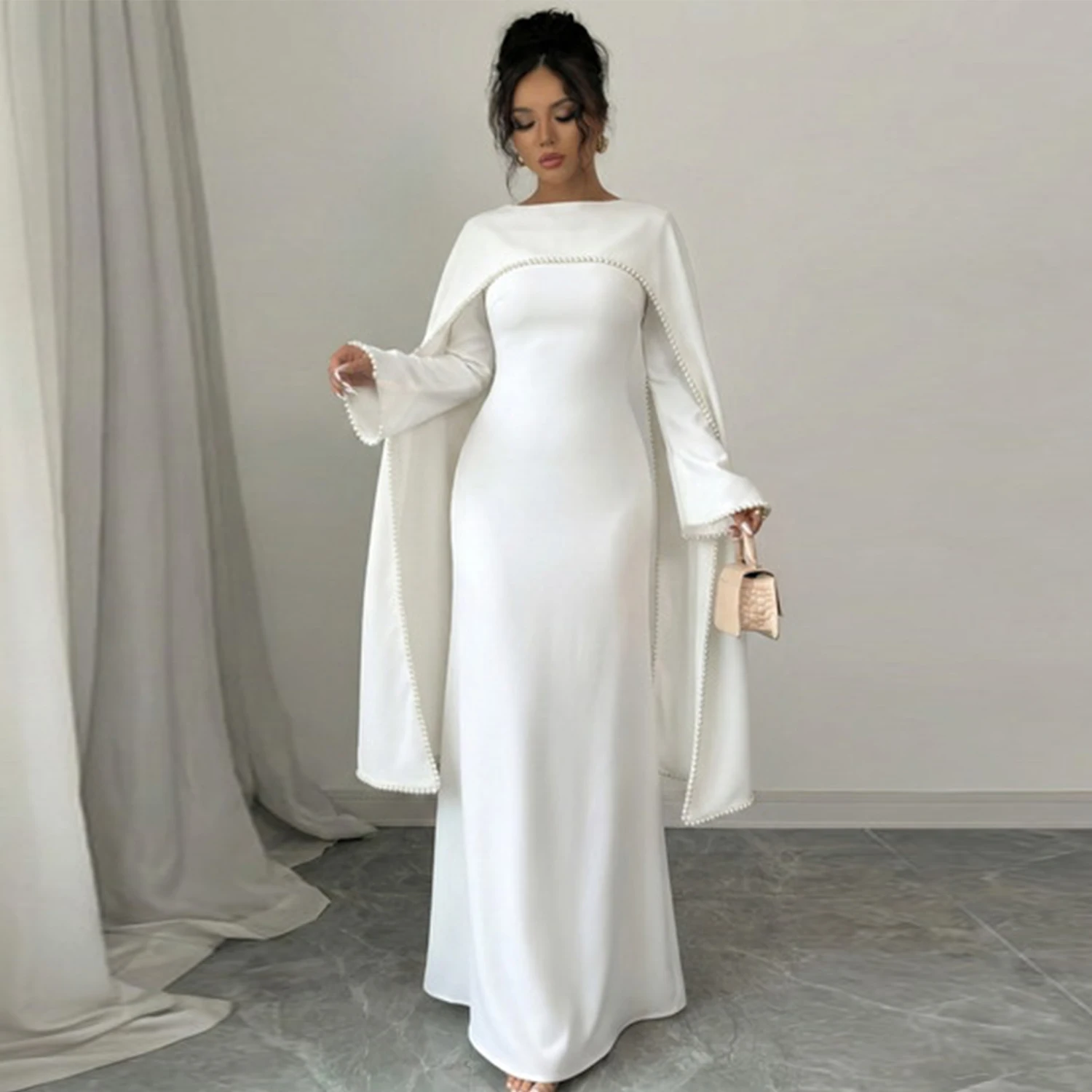 Ramadan Eid Party Slim-Fit Islam Muslim Hijabi Air Layer Knit Modest Dress with Pearl-Trimmed Cape Overlay-Self-Tie Waist String