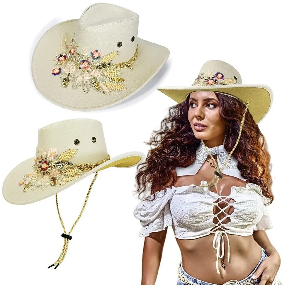 

New Wide Brim Western Cowboy Cap Floral Embroidery Embroidered Sequins Cowgirl Hat Sun Protection Cap Outdoor