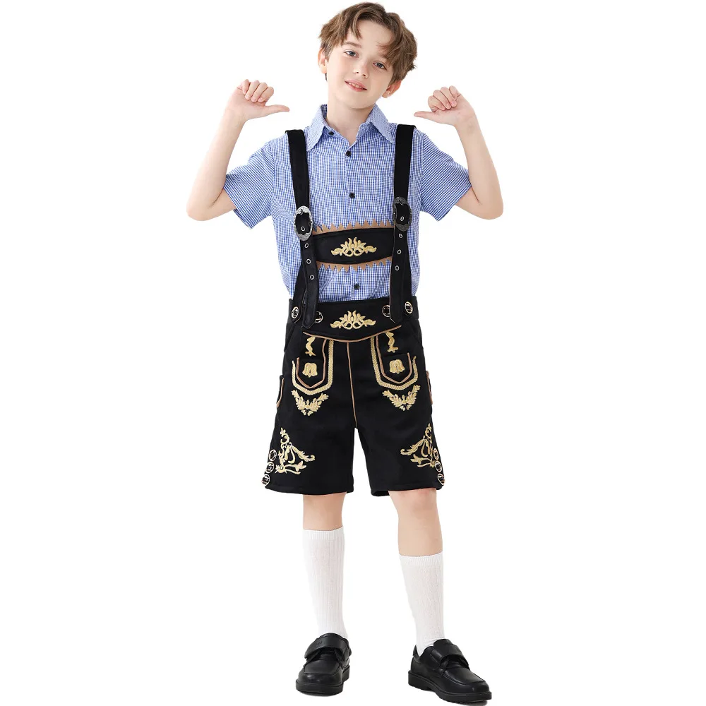 Boy's Oktoberfest Set German Beer Festival Set Cotton Plaid Shirt Romper 2Pcs Set Male Servant Cosplay T-shirt Shorts Set