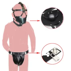 PU Leather Chastity Panties Face Mask Head Harness Hood with Open Mouth Ball Gag BDSM Restraints Slave Headgear Sex Toy Roleplay