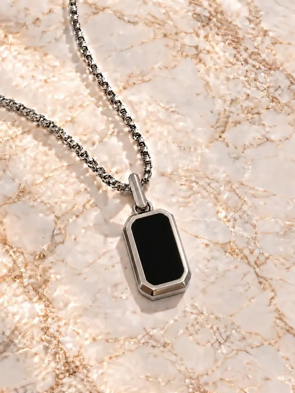 Chamica Schwarze Onyx-Halskette für Männer Edelstahl-Kastenkette Vintage Rechteckiger Anhänger Wasserdichter Retro-Schmuck – Detail 8
