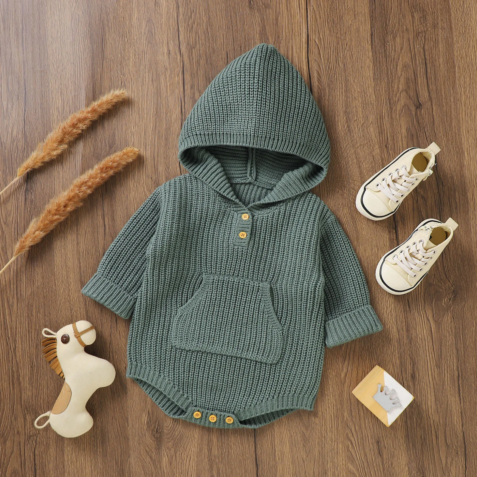 Baby Boy Clothes Autumn Newborn Infant Baby Girl Boy Solid Knit Sweater Hooded Romper Bodysuit Sweatshirt With Pocket Long