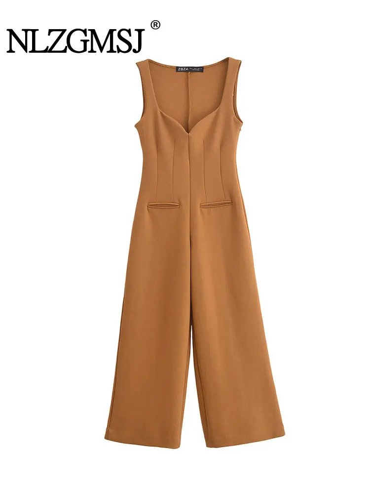 

2025 Spring Summer Sexy Casual Chic Women Jumpsuit Solid Sleeveless Zipper Long Pants Fashion Holiday Bodysuit