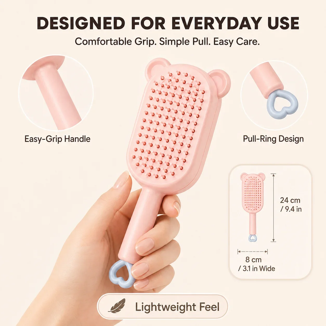 Cute Bear Retractable Air Cushion Hair Brush One‑key Clean Detangling Comb Anti‑Static Massage Scalp Hairbrush for Women Long Ha view 5