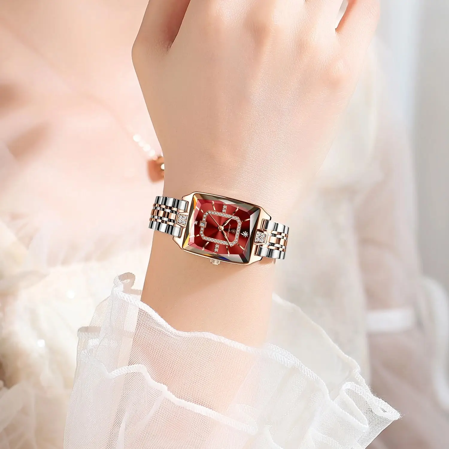 POEDAGAR ساعة مستطيلة فاخرة للنساء مقاومة للماء بتقويم بسيط للسيدات، ساعات كوارتز عصرية من الفولاذ المقاوم للصدأ للنساء