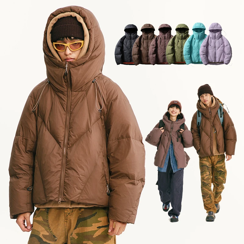Men Women Hooded Puffer Down Jacket 90% White Duck Down 3 Proof Waterproof Windproof Loose Cocoon Winter Coat Adjustable Cuffs