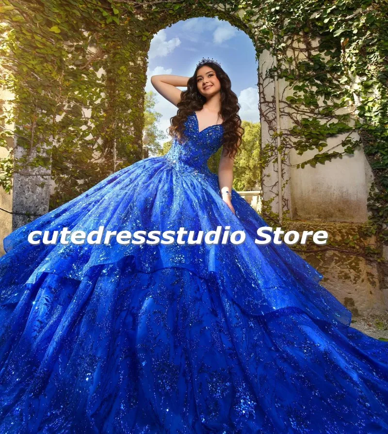 Vestido De quinceañera azul con lentejuelas para niñas, Vestido modesto, dulce Vestido De fiesta De cumpleaños De 16 Años