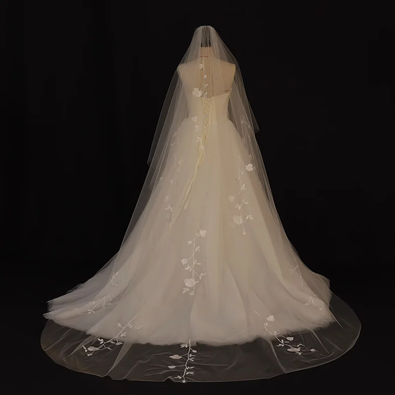 طرحة زفاف مع دانتيل زهور طول الكاتدرائية 2 طبقة حجاب الزفاف مع مشط زهرة الدانتيل الحجاب مخصص Véu De Noiva #3