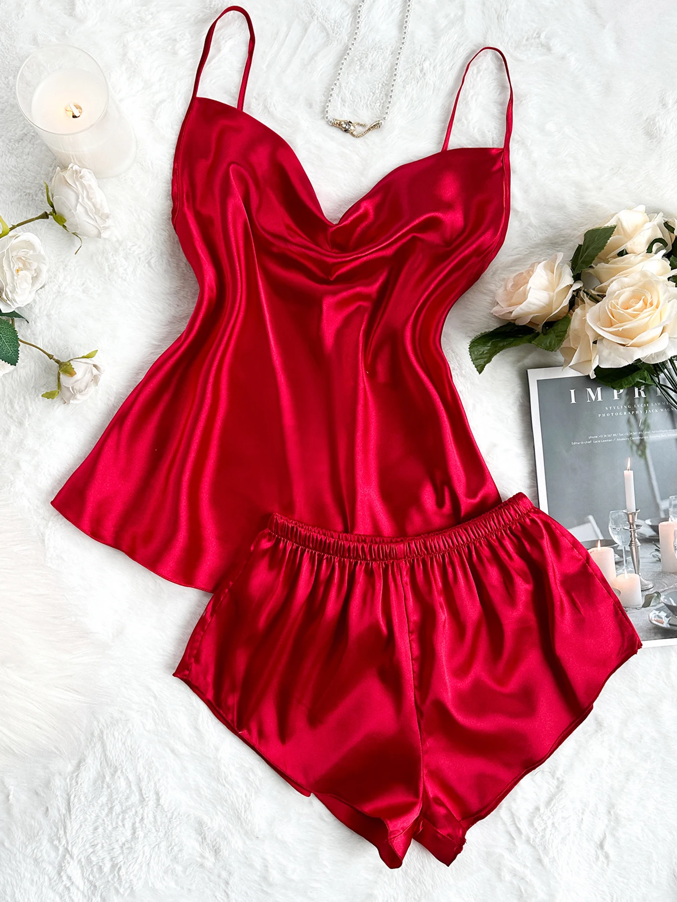 Solid Two Piece Women's Pajama Set Spaghetti Strap Cami Top Elastic Waist Shorts Casual Comfortable Breathable Loungewear