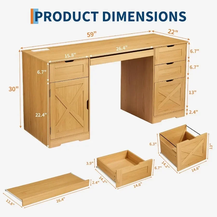 59 Inch Large Desk with Drawers, Charging Station, Natural Wood