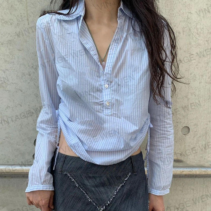 

Винтажная плиссированная повседневная футболка с длинным рукавом на шнурке, женская осень 2023, новая уличная одежда, свободные укороченные топы в контрастную цветную полоску