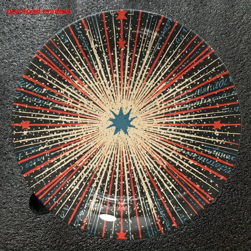 1pc 8-Inch Vintage Round Ceramic Wall Plate with Red Black Golden White Starburst Pattern - Modern Home Decor Jewelry Display