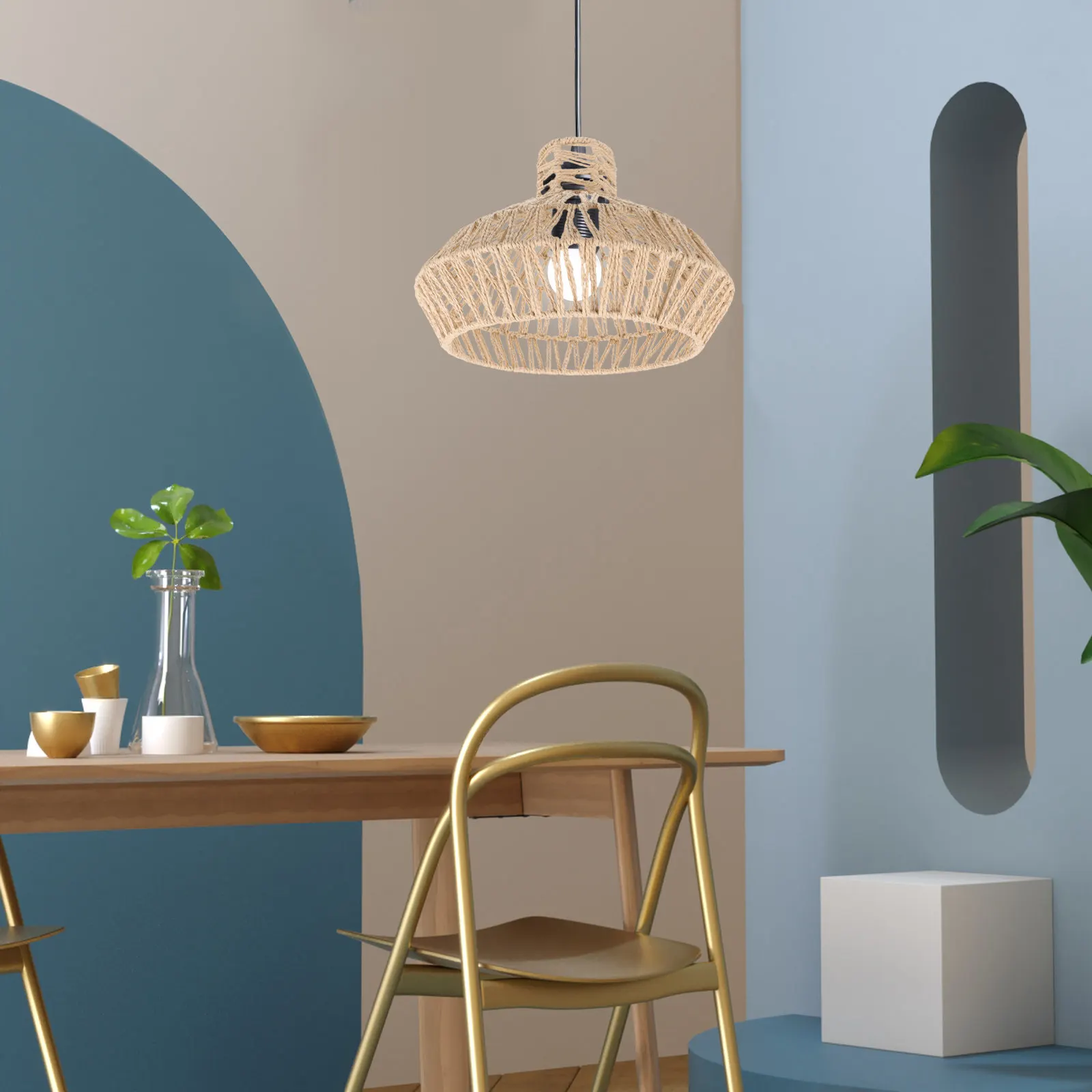 

Small Simulated Rattan Lampshade Retro Style Woven Ceiling Lamp Shade for Living Room Bedroom Kitchen Cafe Farmhouse Loft Heat