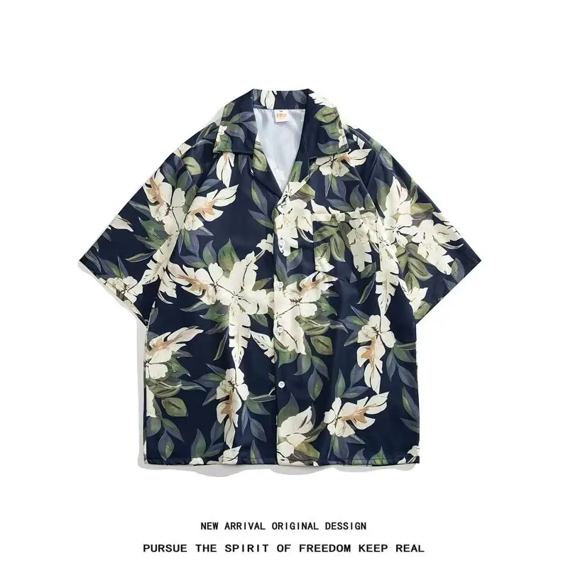 

Летняя тонкая рубашка с ретро-принтом растений, кубинским воротником, свободного кроя, повседневная, средней длины, молодежная, модная летняя одежда