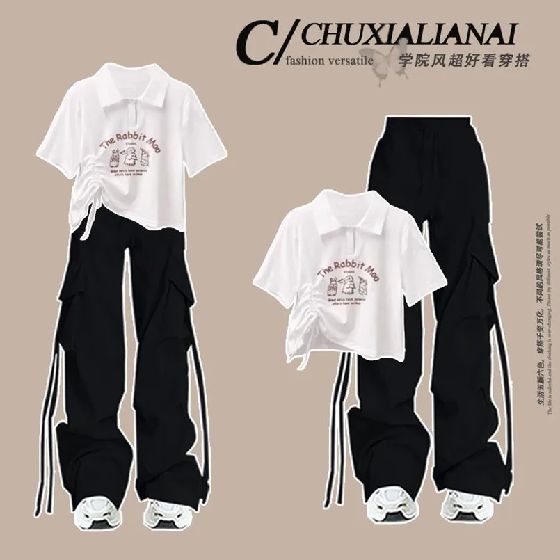 Fashion Women's Suit New Printed Loose Casual Top with Drawstring Workwear High Waist Loose Wide Leg Pants Two-piece Set