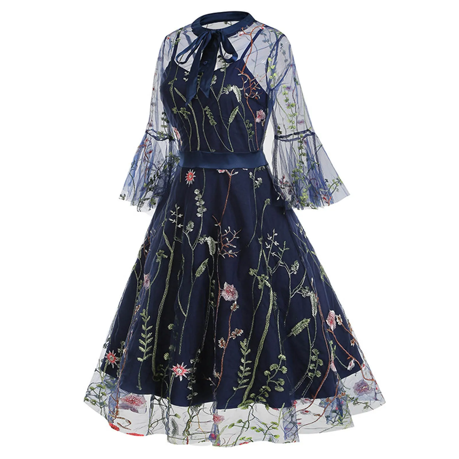 Robe mi-longue trapèze à manches longues pour femmes, robe de cocktail, col rond, nœud papillon, sexy, rétro, éducatif, années 50 et 60, rockabilly, automne