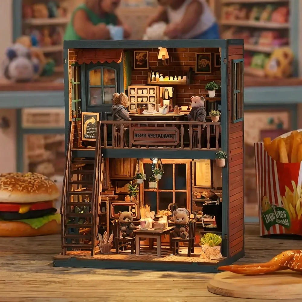 

New High Quality Bear Restaurant DIY Miniature House Kit Christmas Series Wooden Puzzle Miniature House Diy Craft Mini Kit