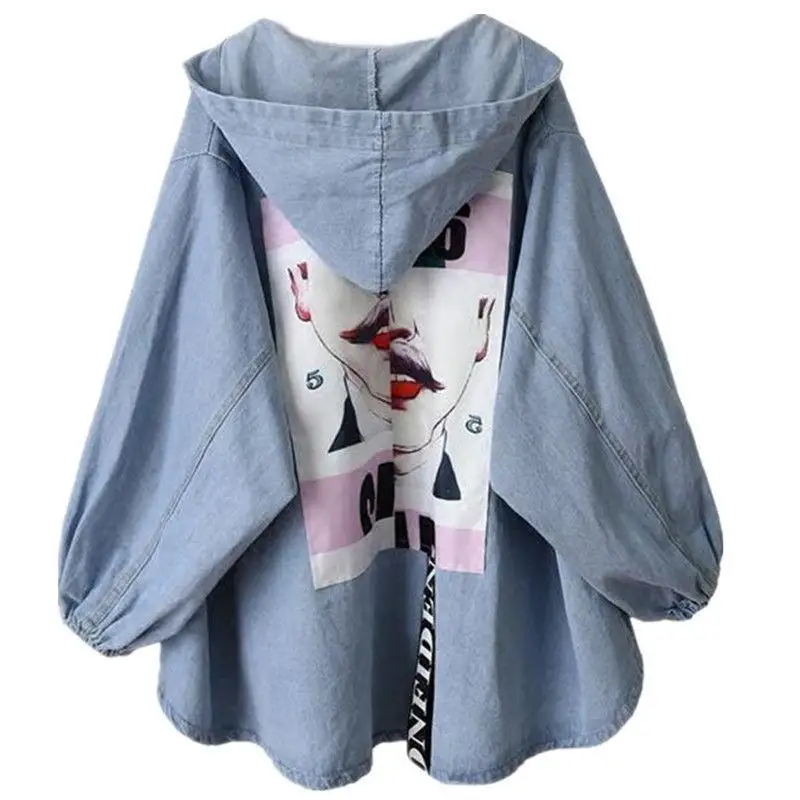 Women's Hooded Denim Jacket Spring Autumn Plus Size Loose Blue Jean Jacket Coat Retro Free Shipping Wholesale Cropped Top New