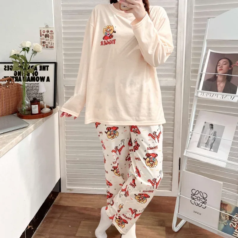 Disney Tigger Silk Pajamas Women's Autumn Cotton Long Two-piece Casual Cartoon Women's Pajamas Homewear Pajamas Pants Set