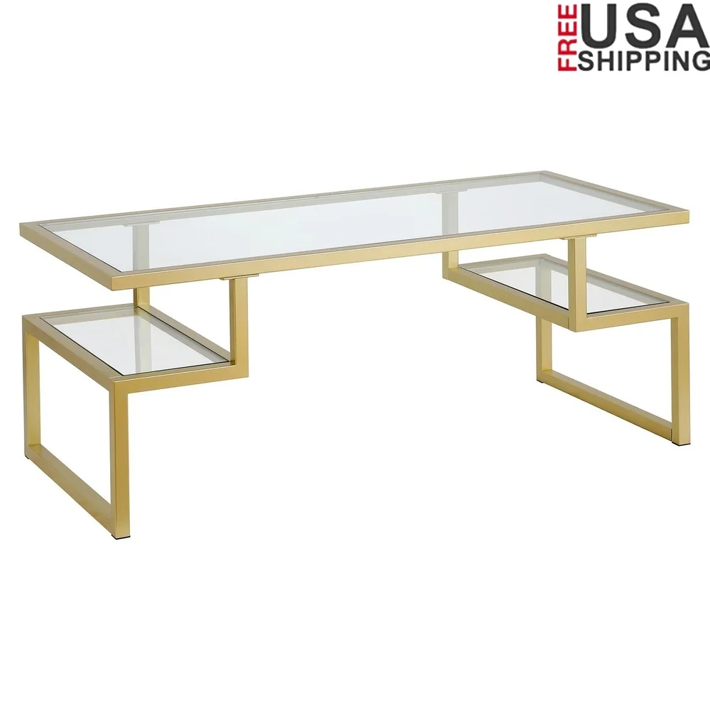 

Geometric Rectangular Coffee Table with Tempered Glass Top Metal Frame Chic Modern Design Living Room Bedroom Office