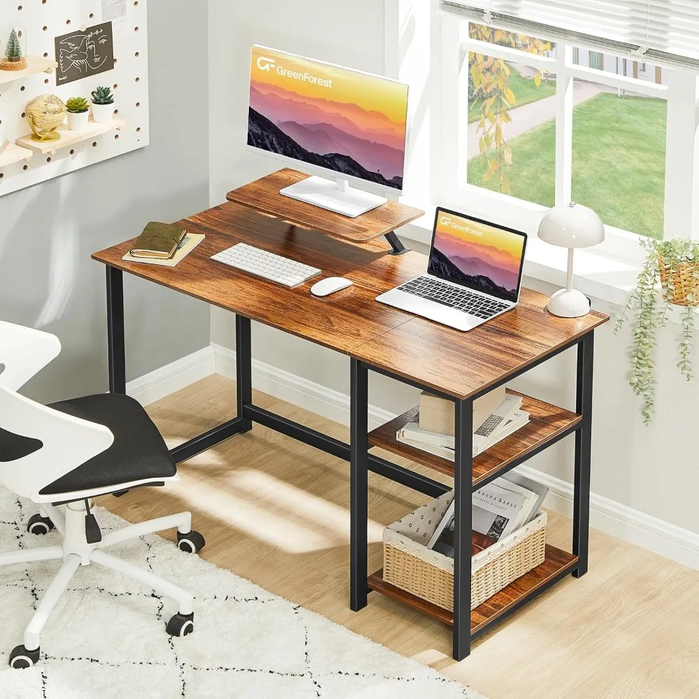 Modern Home Office Desk with Monitor Stand, 47 Inch, Reversible Storage Shelves, Writing Study Workstation